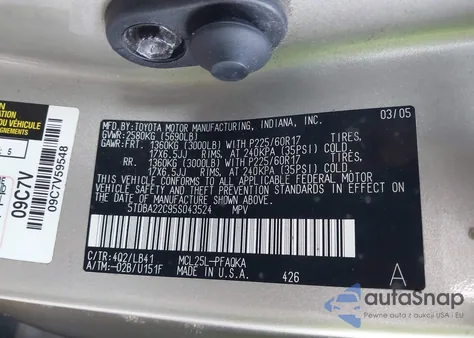 2005 Toyota Sienna Xle Limited z USA, uszkodzony, nr VIN 5TDBA22C95S043524